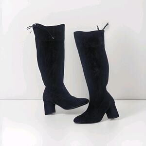JUSTFAB Over The Knee Heeled Boots DAUPHINE Black Sz 9.5 Stretch 3" Heel Glam